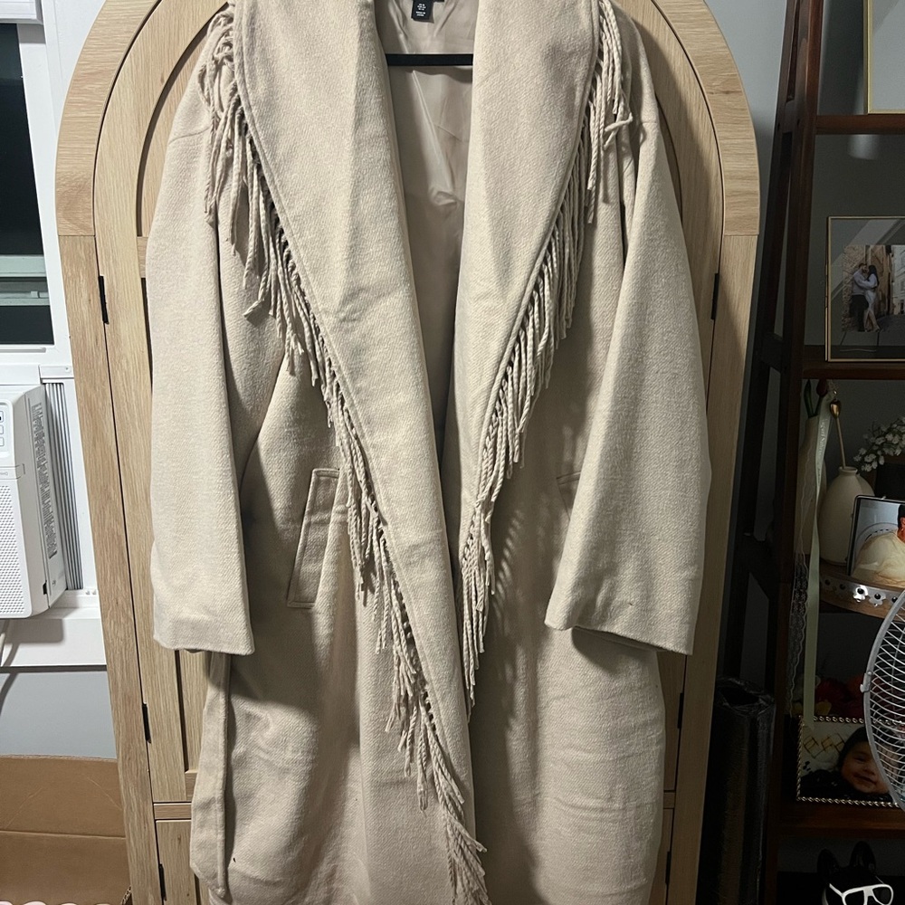 Boohoo Cream Fringed trench button closure Coat
